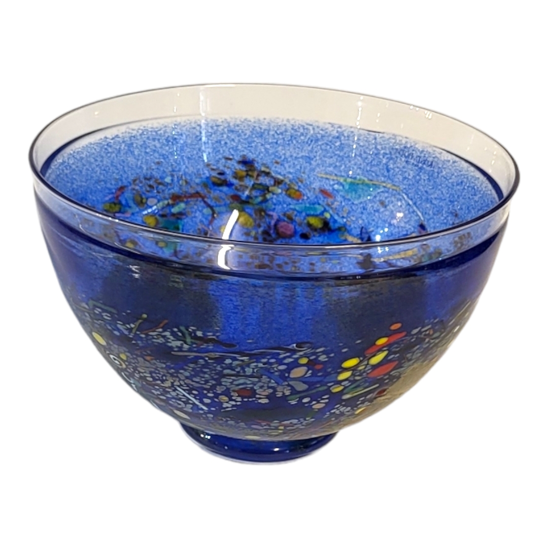 KOSTA BODA, A VINTAGE SWEDISH ART GLASS BOWL Multicoloured glass on blue ground, sound to base. (