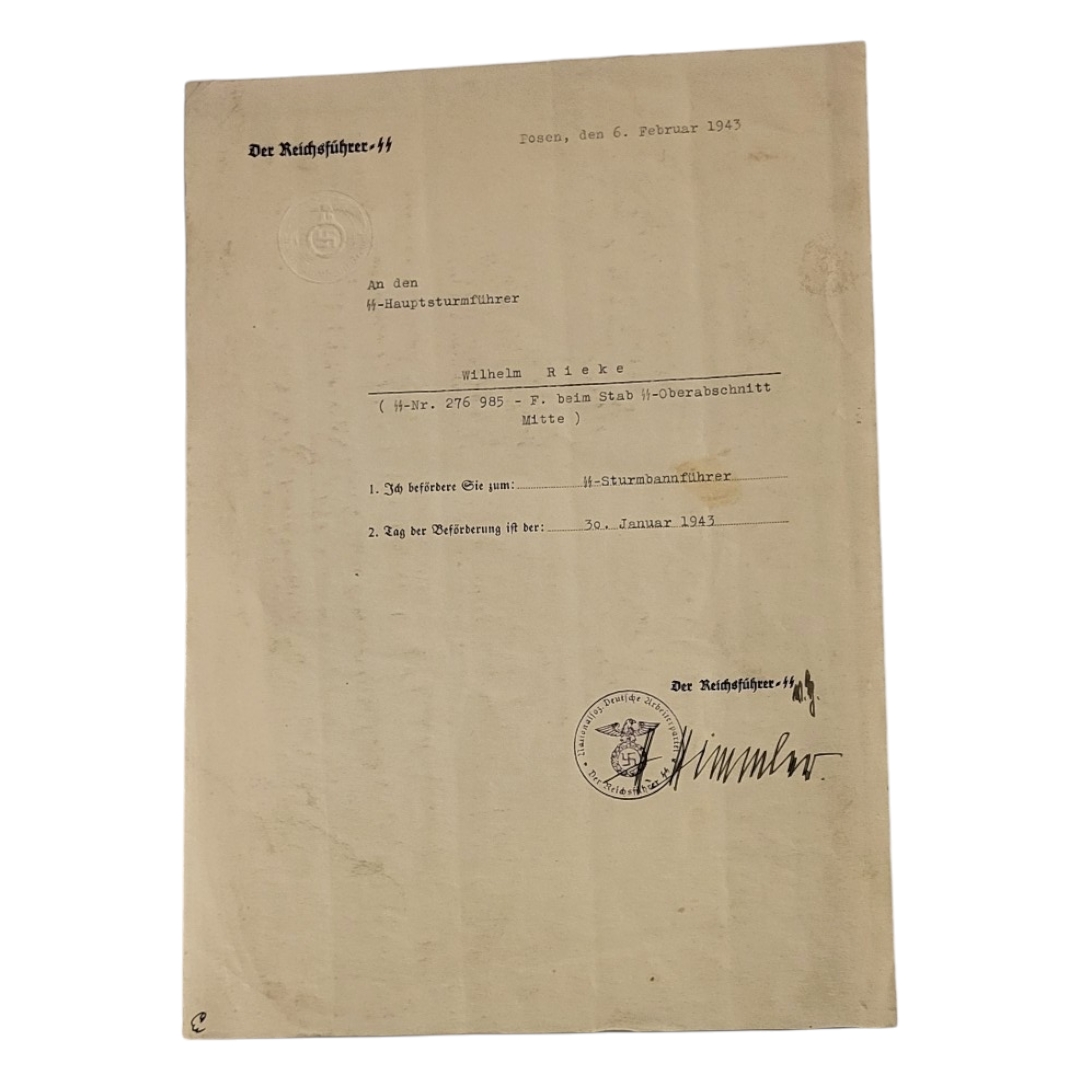 WWII INTEREST, WWII Third Reich SS Promotion document hand signed by Reichfuhrer SS Heinrich