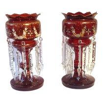 A PAIR OF LARGE 19TH CENTURY ANGLO-BOHEMIAN CRANBERRY GLASS TABLE LUSTRES, CIRCA 1870 Both lustres