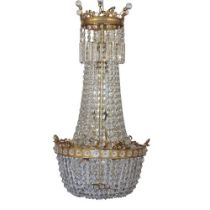 A FINE LARGE LATE 19TH/EARLY 20TH CENTURY GILT BRONZE AND GLASS BASKET CHANDELIER Decorated with