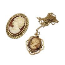 A VINTAGE 9CT GOLD CAMEO PENDANT NECKLACE Carved female portrait on fine link necklace,together with