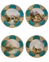 A SET OF FOUR WORCESTER PORCELAIN TOPOGRAPHICAL CABINET PLATES Printed crown mark, impressed factory