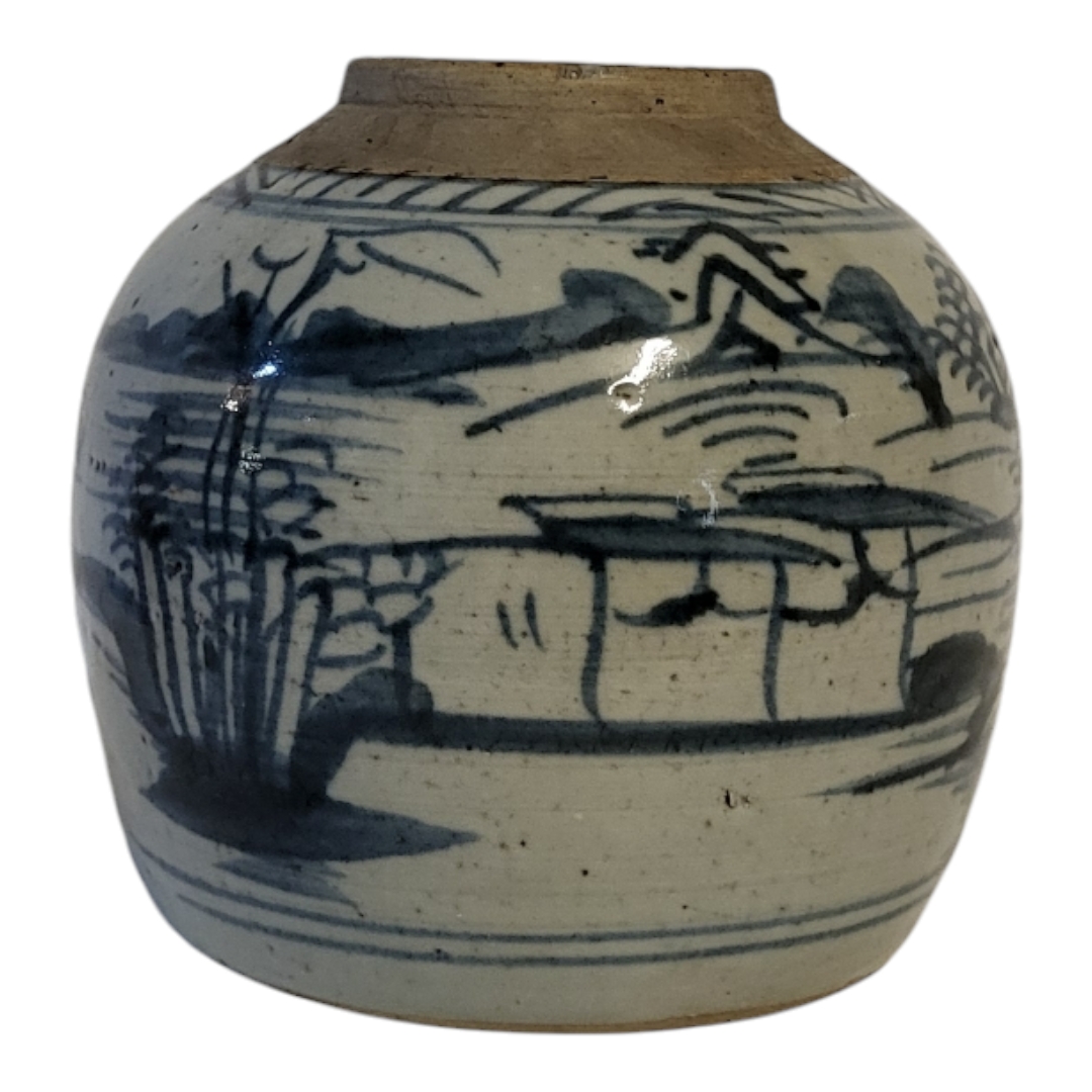 A CHINESE QING DYNASTY BLUE AND WHITE GINGER JAR Underglaze monochrome painted with provincial naive - Image 2 of 9