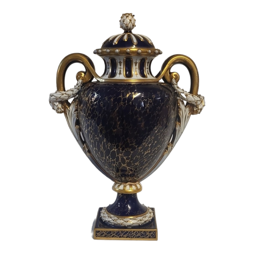 HAWKINS FOR ROYAL WORCESTER, AN IMPRESSIVE AMPHORA SHAPED JEWELLED PEDESTAL LIDDED VASE AND COVER - Image 4 of 19