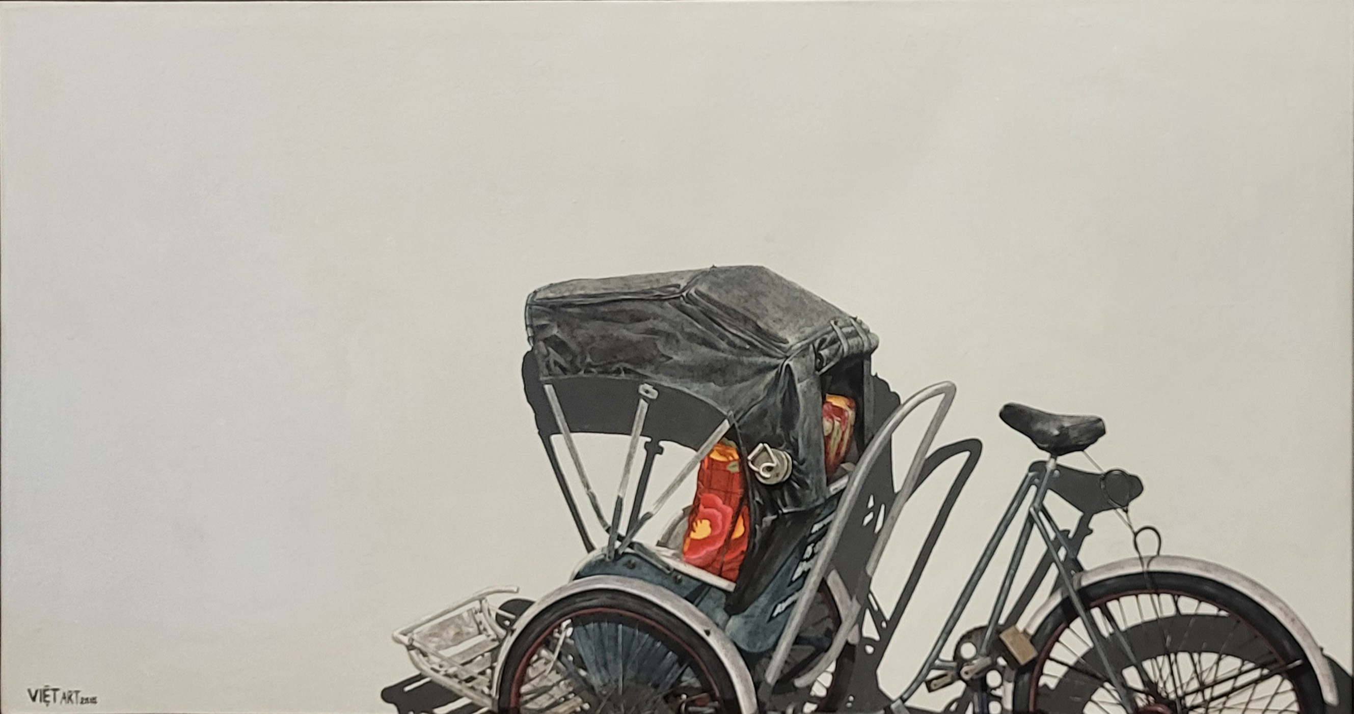 VIET ART, A VINTAGE OIL ON CANVAS 'RICKSHAW' STUDY Half image in painted grey frame, signed ‘Viet - Image 2 of 4