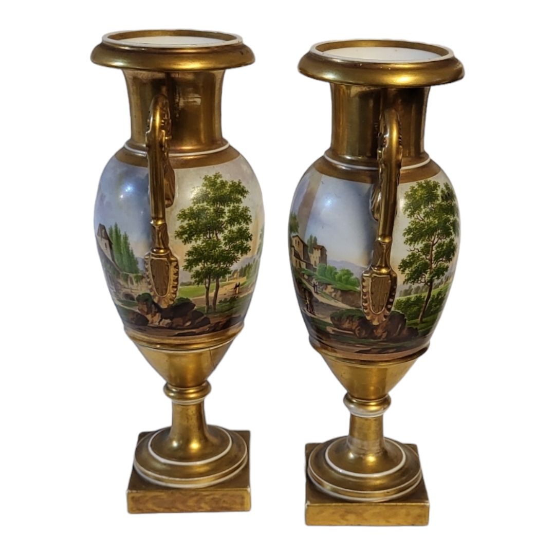 A PAIR OF EARLY 19TH CENTURY CONTINENTAL PORCELAIN CAMPANA SHAPED TWIN HANDLED PEDESTAL VASES - Bild 4 aus 15