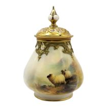 ERNEST BARKER FOR ROYAL WORCESTER, PORCELAIN POTPOURRI VASE AND COVER In Highland sheep pattern,