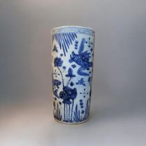 A TALL CHINESE BLUE AND WHITE CERAMIC CYLINDRICAL UMBRELLA STAND Decorated with aquatic life and