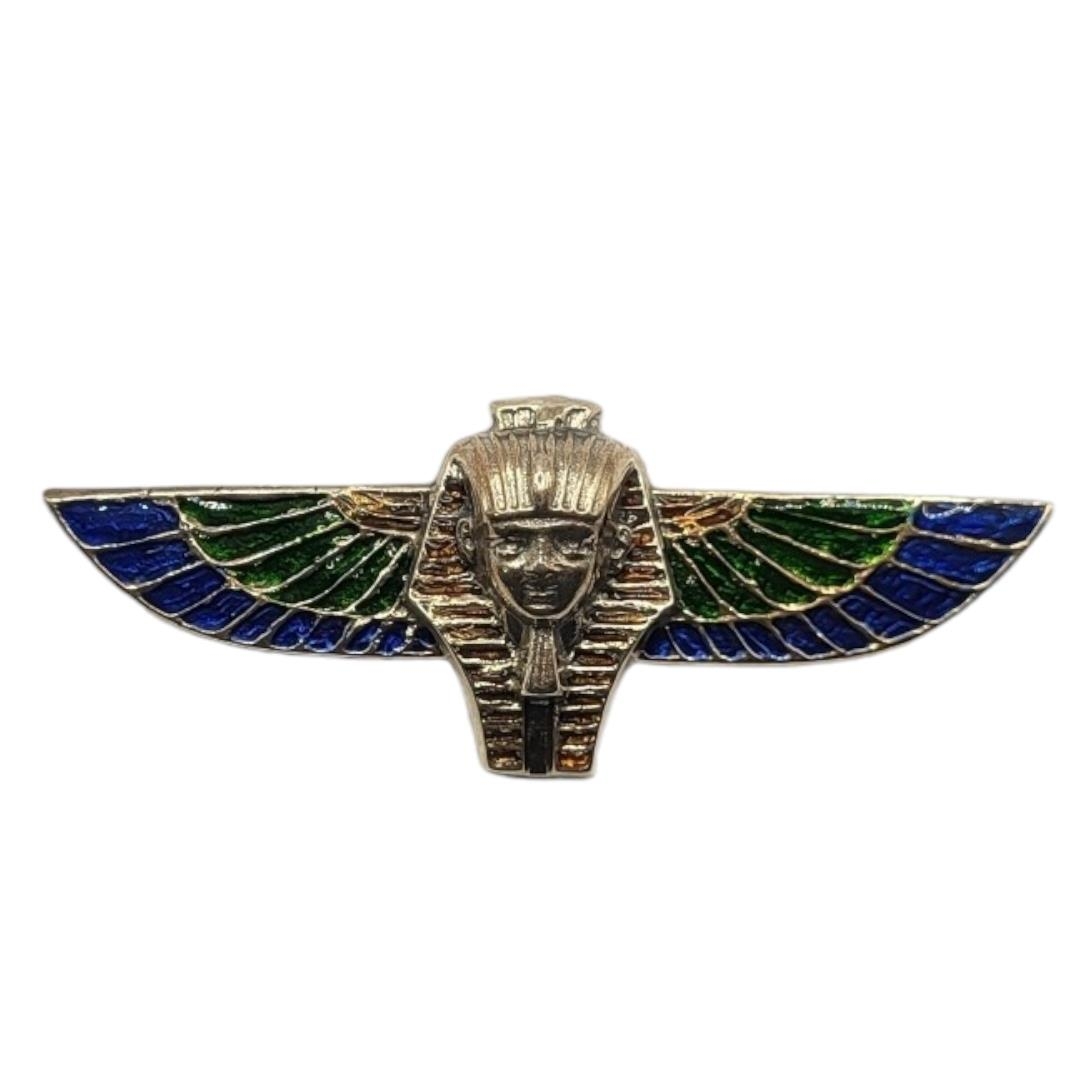 AN EGYPTIAN REVIVAL STYLE STERLING SILVER AND ENAMEL PHARAOH’S HEAD BROOCH Impressed mark to