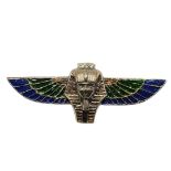 AN EGYPTIAN REVIVAL STYLE STERLING SILVER AND ENAMEL PHARAOH’S HEAD BROOCH Impressed mark to