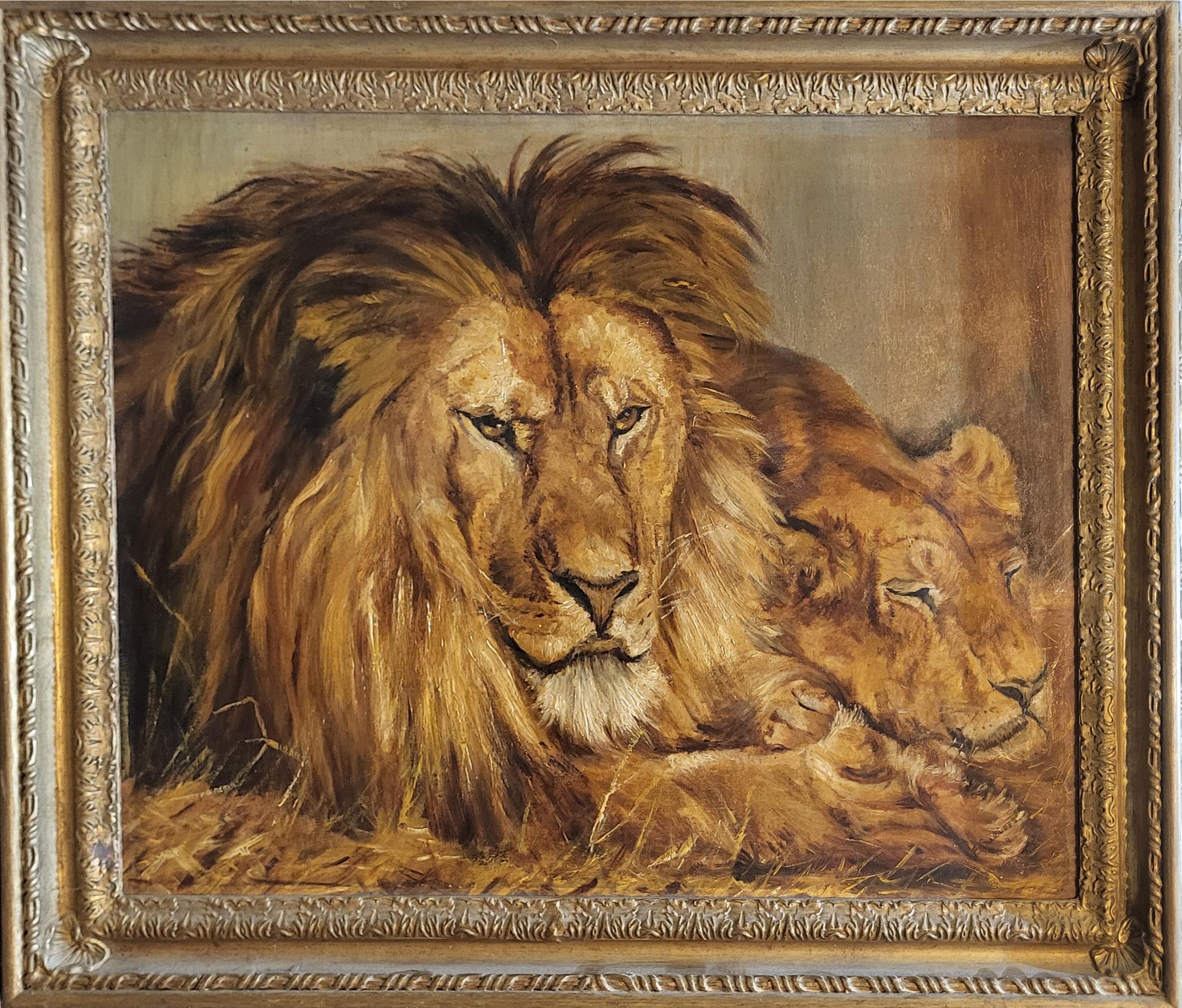 E. SURUEES, A MID 20TH CENTURY CONTINENTAL SCHOOL OIL ON CANVAS Study of African safari lion and - Image 2 of 4