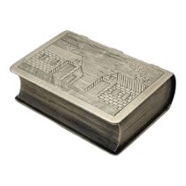 A VICTORIAN SILVER NOVELTY 'BOOK' SNUFF BOX Having engraved landscape decoration of a dovecot with