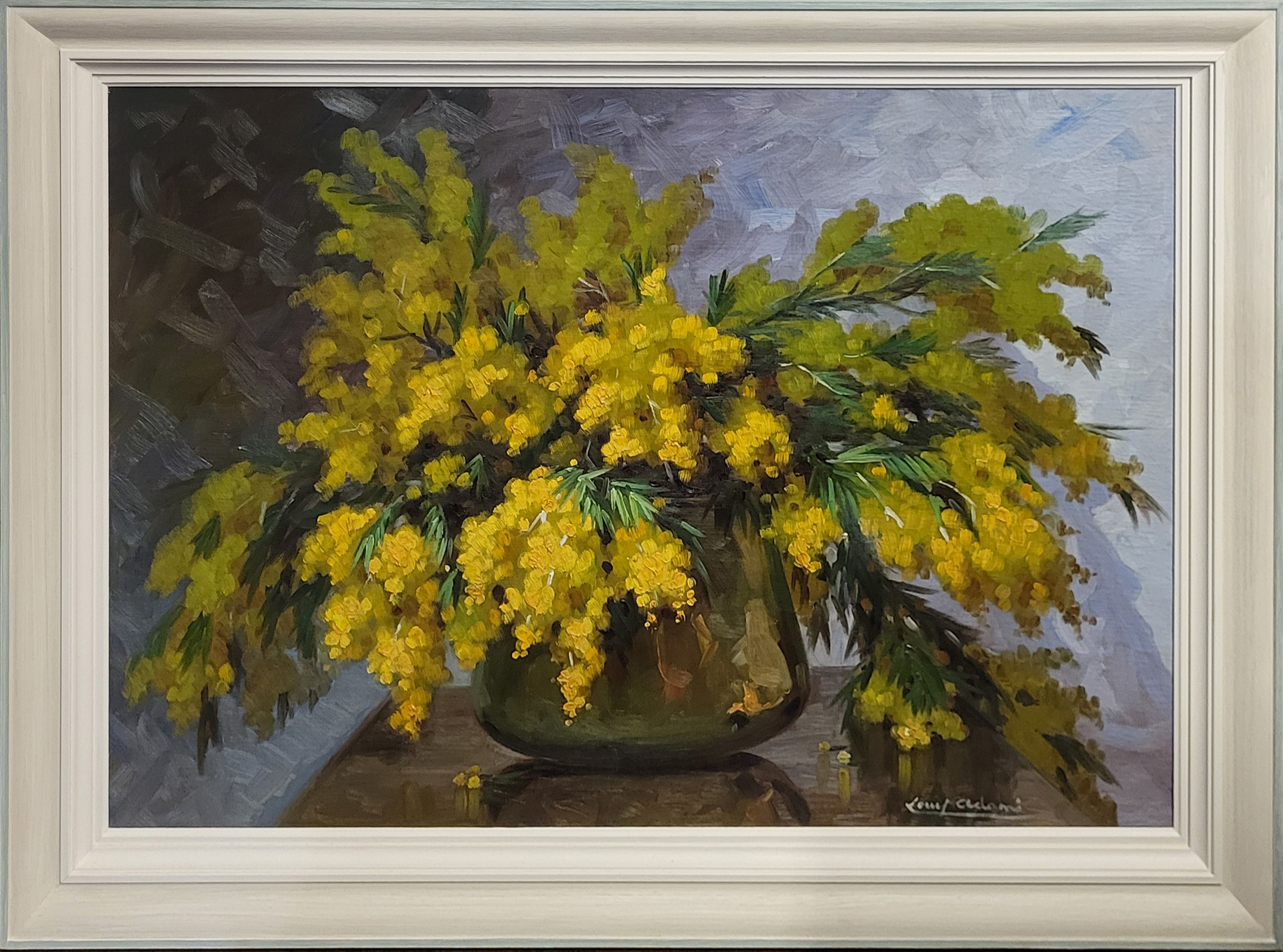 LOUIS ADAMS, A VINTAGE OIL ON CANVAS Still life, vase of yellow flowers, signed lower right, in a