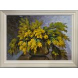 LOUIS ADAMS, A VINTAGE OIL ON CANVAS Still life, vase of yellow flowers, signed lower right, in a