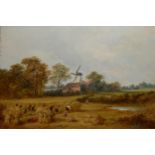 A VICTORIAN OIL ON BOARD, LANDSCAPE, HAYMAKERS WITH WINDMILL Indistinctly signed lower left, in a