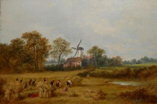 A VICTORIAN OIL ON BOARD, LANDSCAPE, HAYMAKERS WITH WINDMILL Indistinctly signed lower left, in a