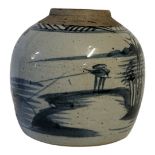 A CHINESE QING DYNASTY BLUE AND WHITE GINGER JAR Underglaze monochrome painted with provincial naive