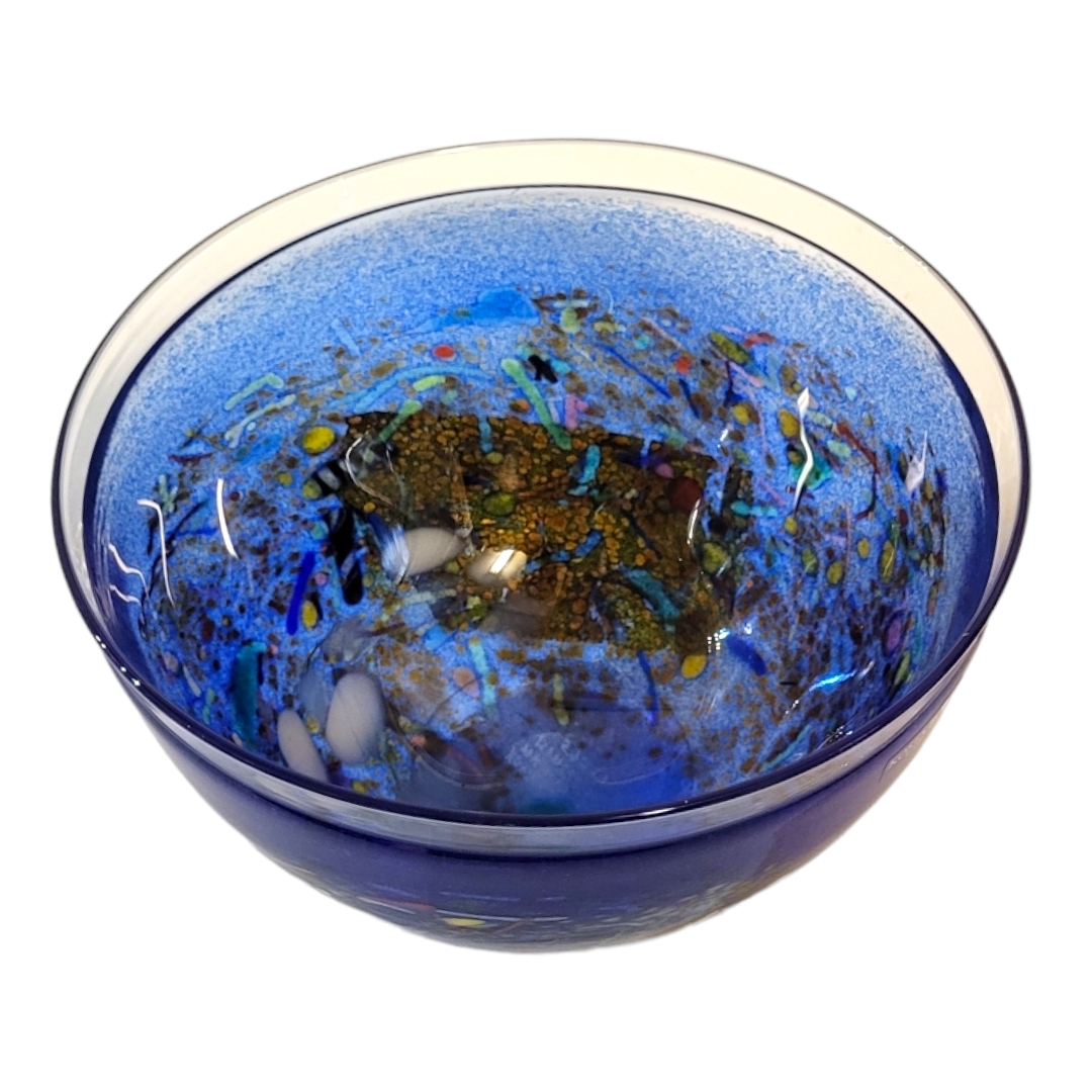 KOSTA BODA, A VINTAGE SWEDISH ART GLASS BOWL Multicoloured glass on blue ground, sound to base. ( - Image 2 of 9