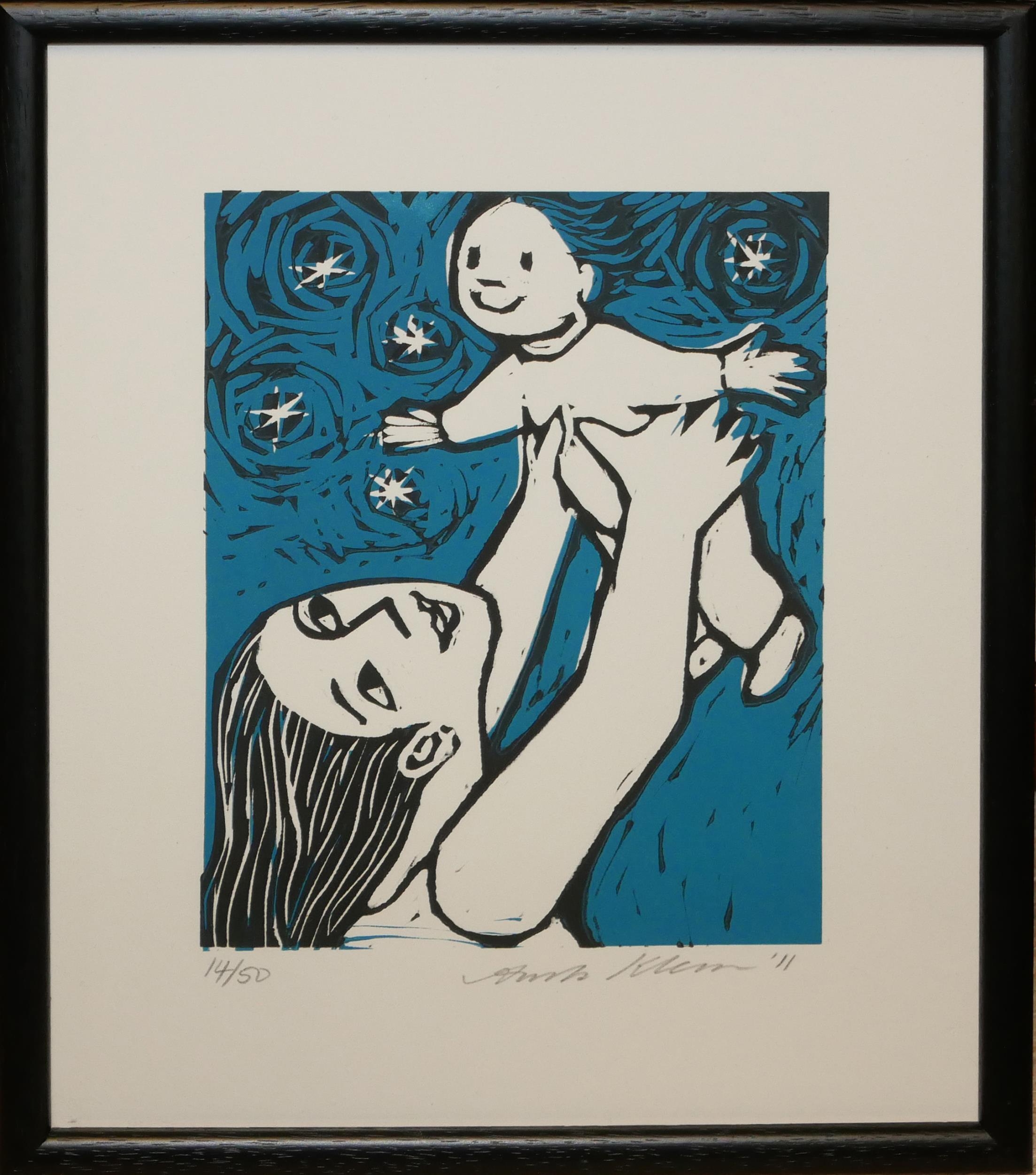 ANITA KLEIN, AUSTRALIAN, B. 1960, LIMITED EDITION (14/50) COLOUR LINOCUT Titled ‘Flying Baby’, 2011, - Image 3 of 7