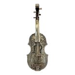A 19TH CENTURY GERMAN SILVER NOVELTY CELLO SNUFF BOX Having a hinged compartment to rear,pierced F