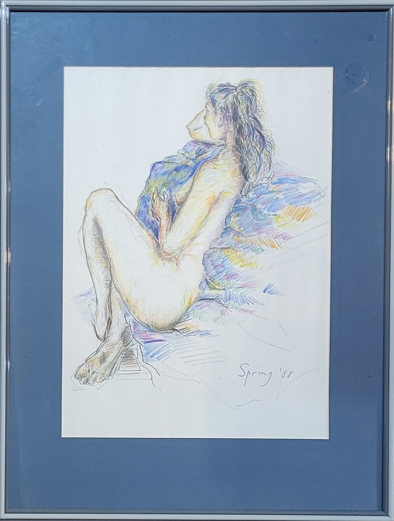 CHRIS SPRING, A 20TH CENTURY PASTEL NUDE STUDY Reckoning female on a pale blue pallet ,signed - Image 2 of 5