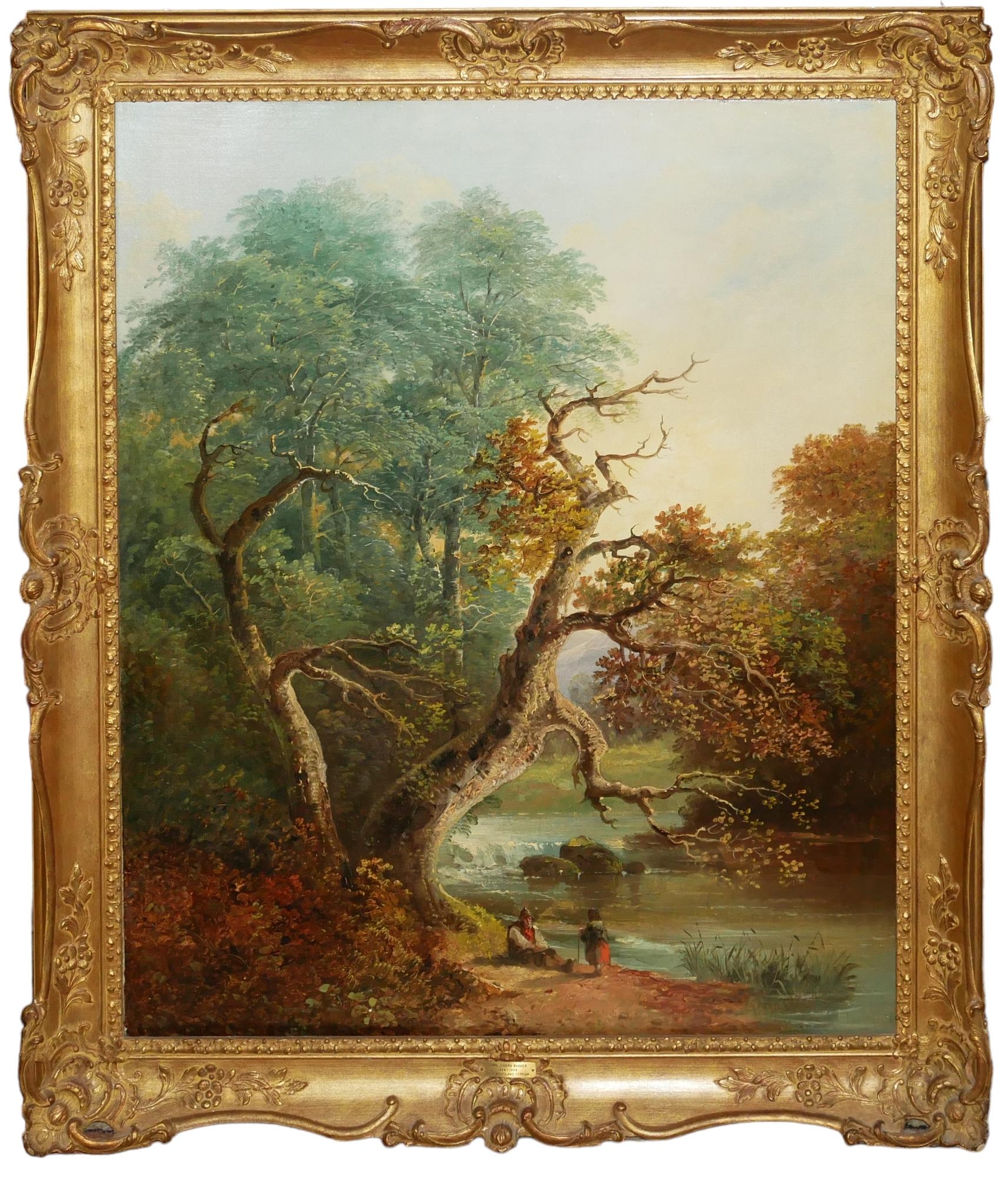 JOHN JOSEPH BARKER, 1824 - 1904, OIL ON CANVAS Landscape, titled 'By a Woodland Stream', two figures - Image 3 of 7