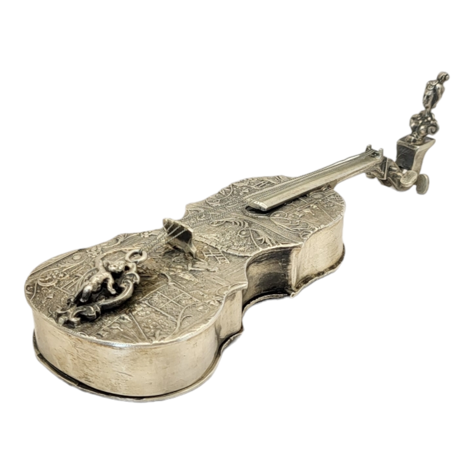 A 19TH CENTURY CONTINENTAL SILVER NOVELTY CELLO SNUFF BOX Having a female bust to finial hinged - Image 2 of 5