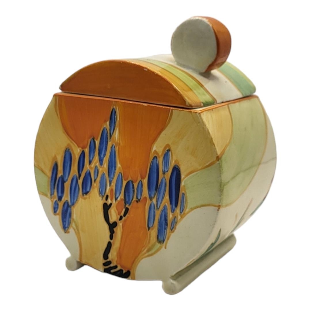 CLARICE CLIFF, FANTASQUE BIZARRE, WINDBELLS PATTERN BONJOUR, PRESERVE POT AND COVER, CIRCA 1933 - - Image 9 of 13