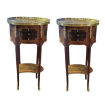 A PAIR OF CONTINENTAL MAHOGANY VENEER AND MARQUETRY INLAID SIDE TABLES With pierced metal decoration