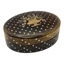A 19TH CENTURY TORTOISESHELL, GOLD AND SILVER 'PIQUE’ OVAL SNUFF BOX With inlaid floral design to