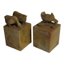 A PAIR OF LATE 19TH/EARLY 20TH CENTURY CHINESE SOAPSTONE SQUARE STANDS Each carved with modelled