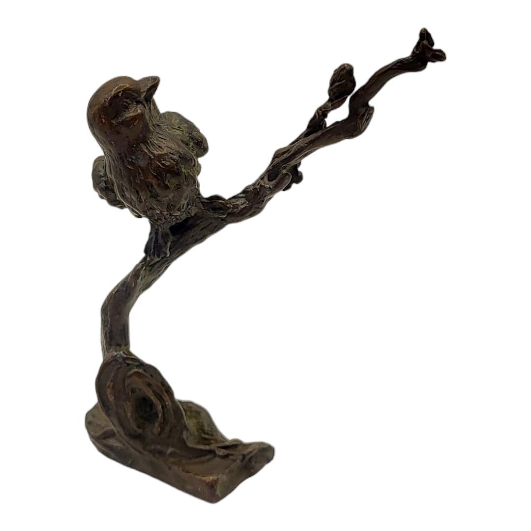 A JAPANESE STYLE BRONZE BIRD ON FLOWERING CHERRY BLOSSOM BRANCH Impressed logographic characters - Image 3 of 5