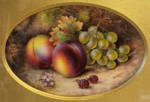 R. SEBRIGHT FOR ROYAL WORCESTER, FINE PORCELAIN OVAL PLAQUE Painted with fallen fruit, dated 1926,