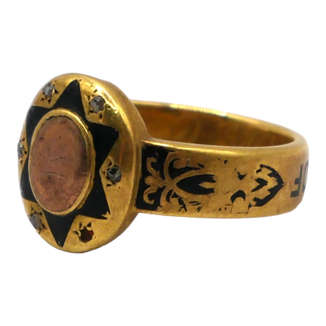 A VICTORIAN YELLOW METAL, DIAMOND AND ENAMEL MEMENTO MORI RING, DATED 1882 (YELLOW METAL TESTS AS - Image 2 of 3