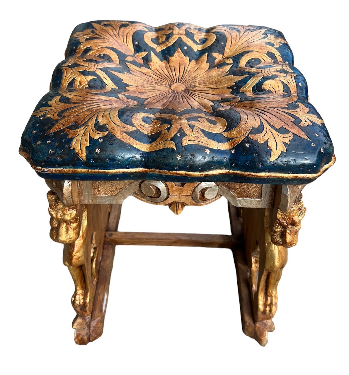 A 19TH CENTURY ITALIAN CARVED GILTWOOD AND PAINTED STOOL The solid cousin from seat with floral - Image 2 of 6