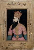 AN 18TH CENTURY OTTOMAN INDIAN GOUACHE ON PAPER, PORTRAIT OF A SULTAN (POSSIBLY SHAMSUDDIN