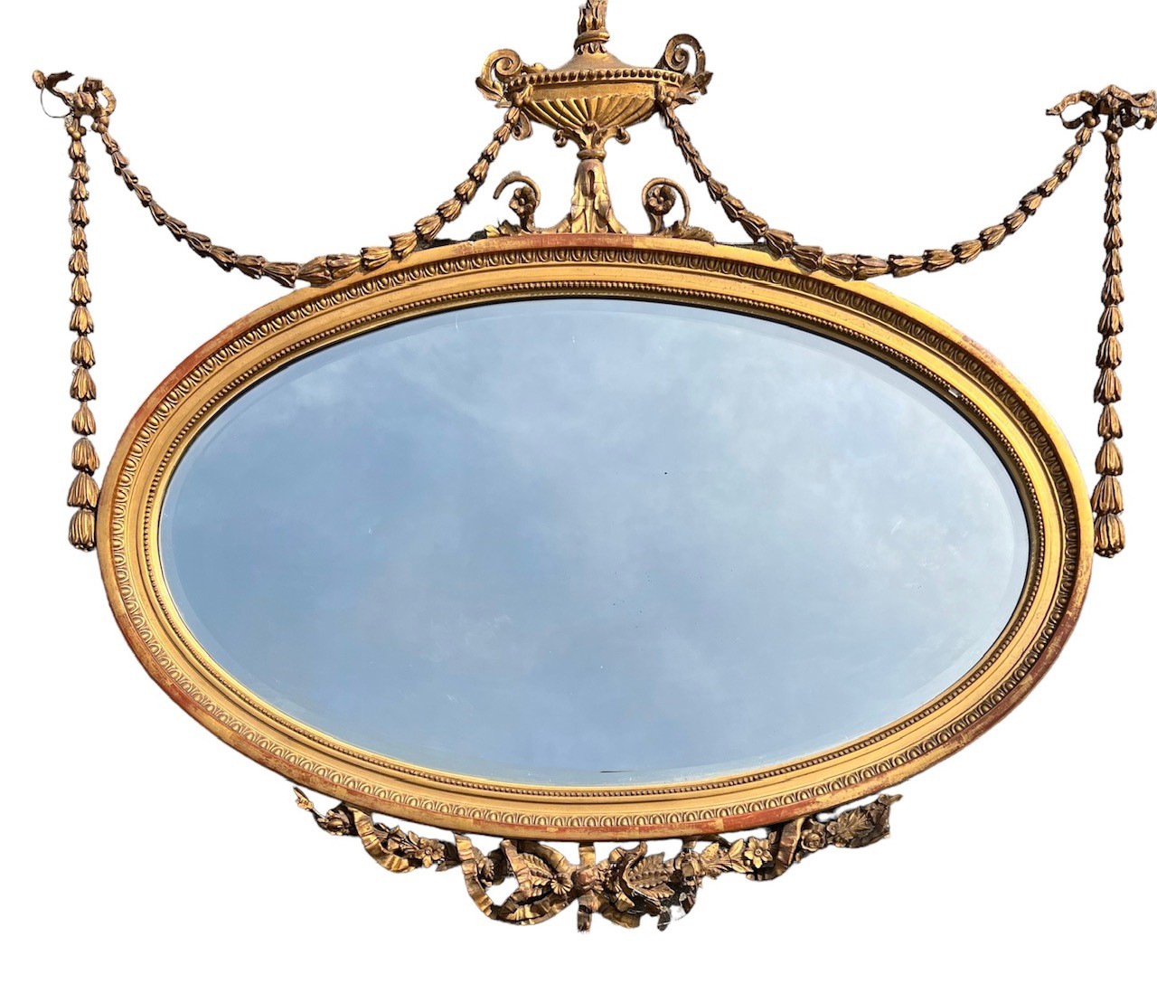 MANNER OF ROBERT ADAM, A LATE 19TH/EARLY 20TH CENTURY NEOCLASSICAL DESIGN OVAL GILTWOOD AND GESSO