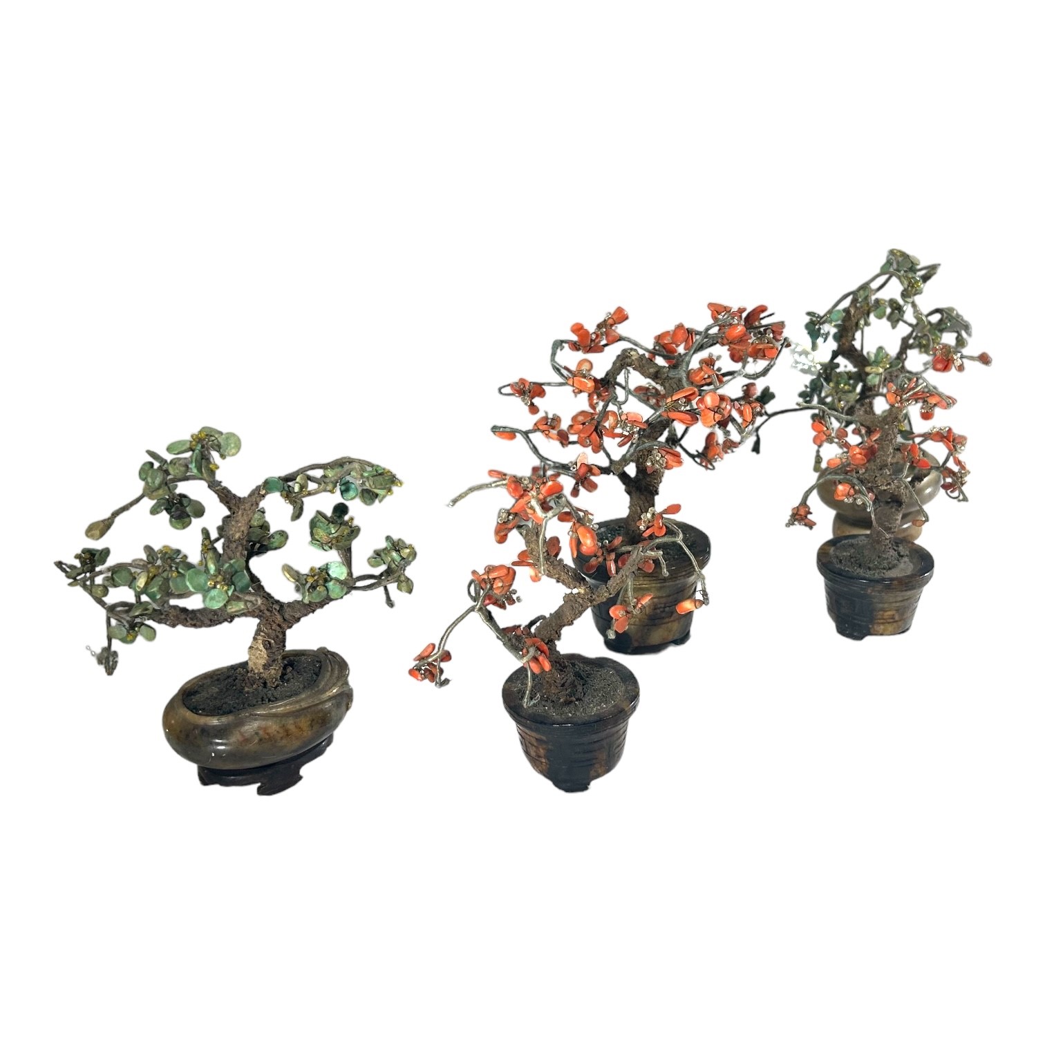 A COLLECTION OF FIVE CHINESE RED AND GREEN JASPER BONSAI TREES ON CARVED SOAPSTONE PLANTER BASES. ( - Image 3 of 3