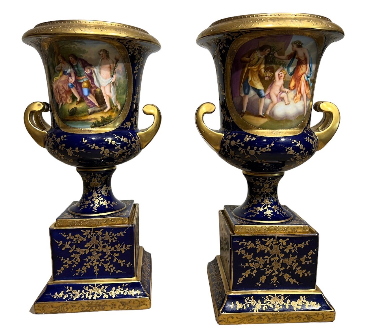 ACKERMANN & FRITZE, A PAIR OF EARLY 20TH ENTURY VIENNA STYLE TWIN HANDLED PORCELAIN URNS Decorated - Image 2 of 11