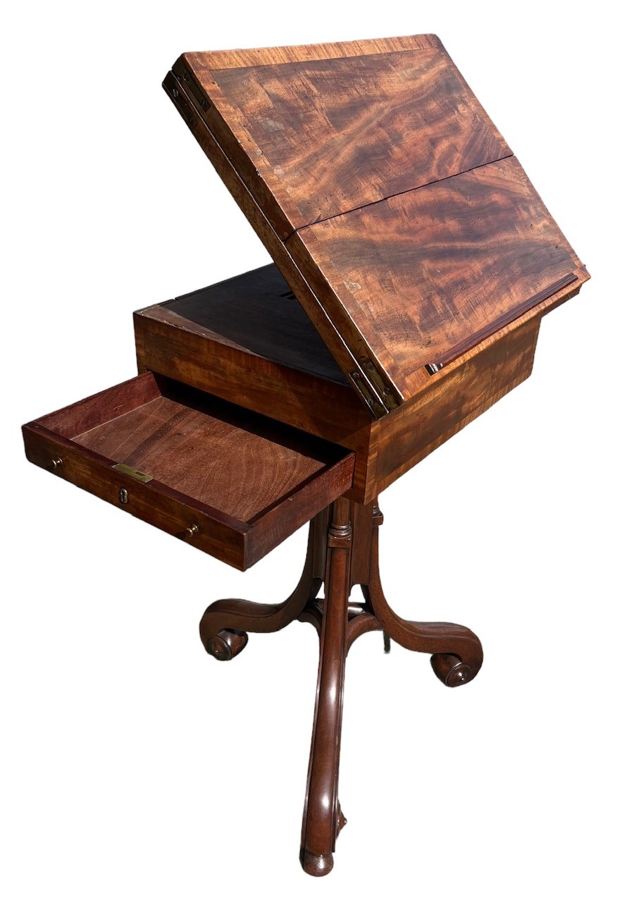 A GEORGE III MAHOGANY PEDESTAL ADJUSTABLE READING/WRITING TABLE The hinged folding top opening to - Image 6 of 12