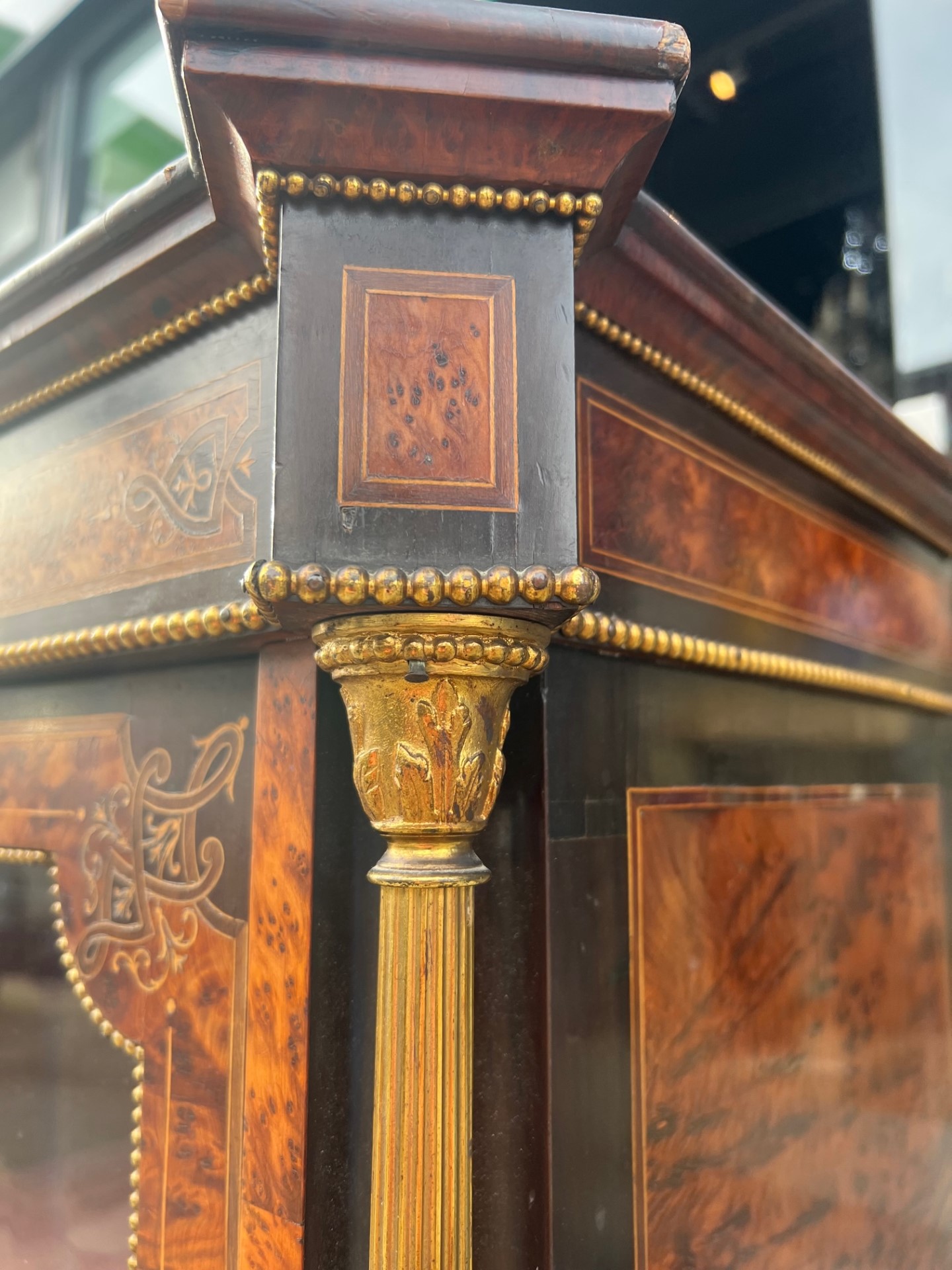 EDWARDS AND ROBERTS, A LARGE 19TH CENTURY VICTORIAN EBONISED BURR WALNUT AND AMBOYNA INLAID AND GILT - Image 4 of 6