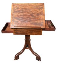 A GEORGE III MAHOGANY PEDESTAL ADJUSTABLE READING/WRITING TABLE The hinged folding top opening to