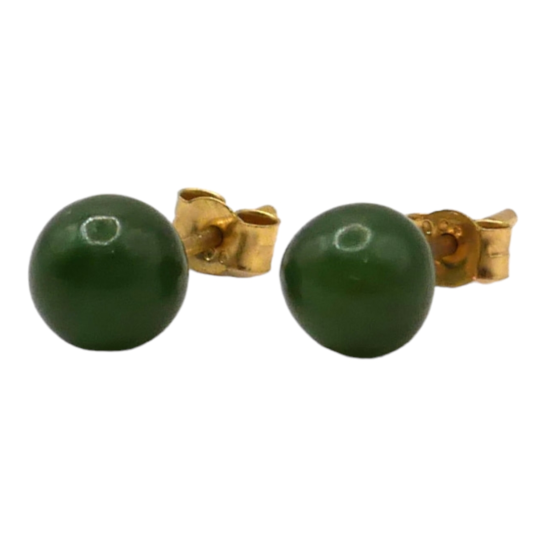 A PAIR OF 9CT GOLD AND NEPHRITE STUD EARRINGS. (diameter 6mm, gross weight 0.9g) - Image 2 of 2