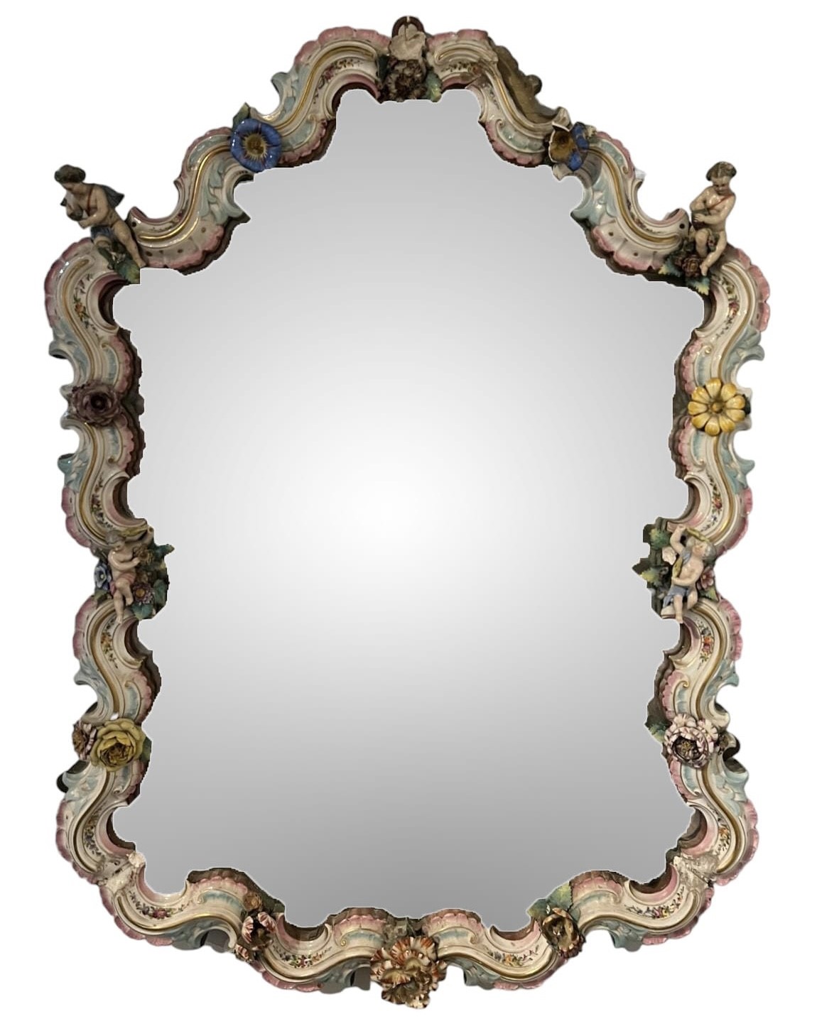 A LARGE LATE 19TH/EARLY 20TH CENTURY (POSSIBLY SITZENDORF) PORCELAIN Rococo design, wall mirror