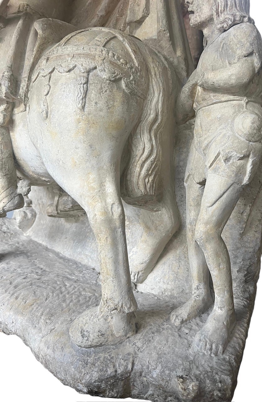 A LARGE RARE EARLY 16TH CENTURY FRENCH CARVED LIMESTONE GROUP, St. Martin on horseback sharing a - Image 7 of 15