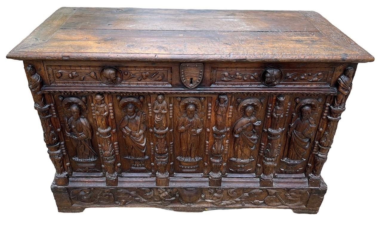 A 16TH CENTURY FRENCH, OAK COFFER with hinged lid above carved freeze decorated with swags and - Image 2 of 13