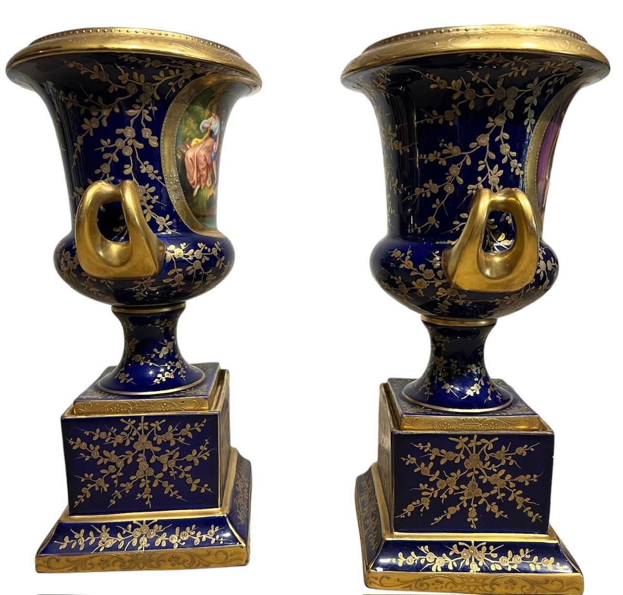 ACKERMANN & FRITZE, A PAIR OF EARLY 20TH ENTURY VIENNA STYLE TWIN HANDLED PORCELAIN URNS Decorated - Image 7 of 11