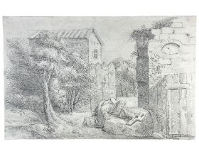 A 19TH CENTURY CHALK AND GRAPHITE DRAWING, AFTER 16TH CENTURY OLD MASTER SAINT KNEELING BEFORE A