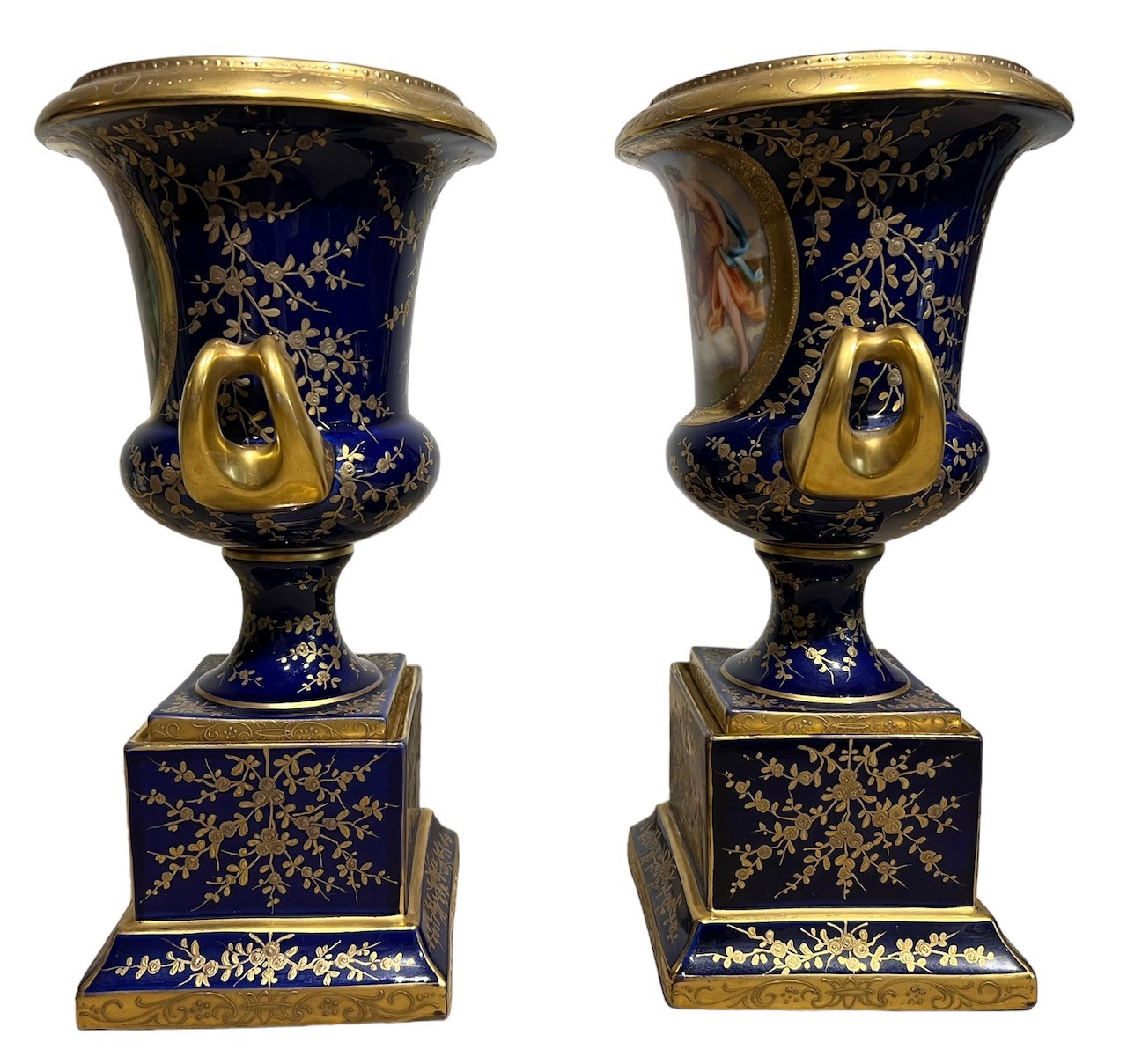 ACKERMANN & FRITZE, A PAIR OF EARLY 20TH ENTURY VIENNA STYLE TWIN HANDLED PORCELAIN URNS Decorated - Image 5 of 11