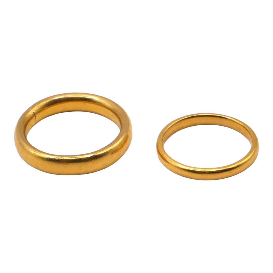 TWO 22CT GOLD BAND RINGS. (UK ring sizes I & L, 9.4g) - Image 2 of 2